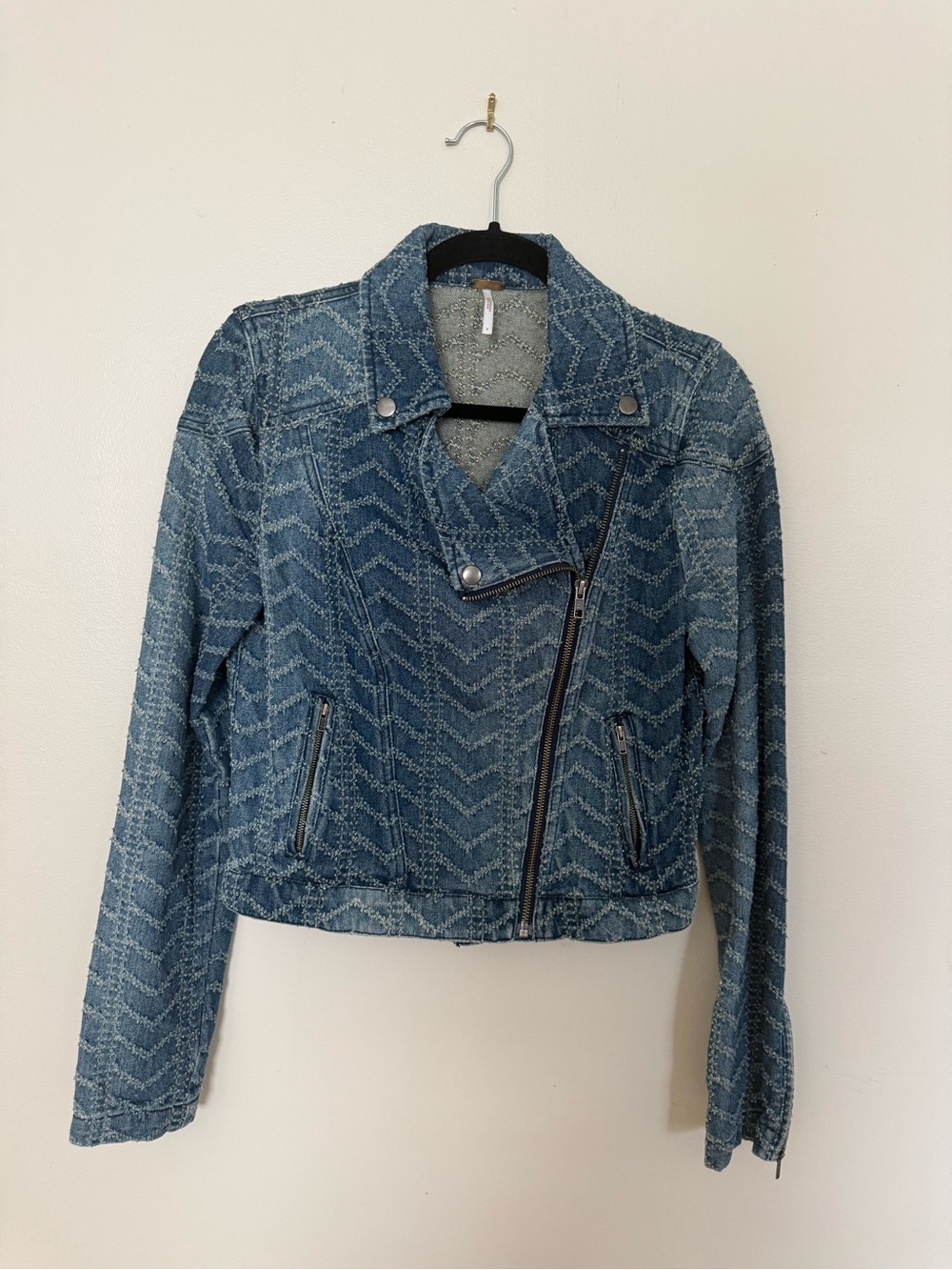 Free People Blue Chevron Denim Moto Jacket
